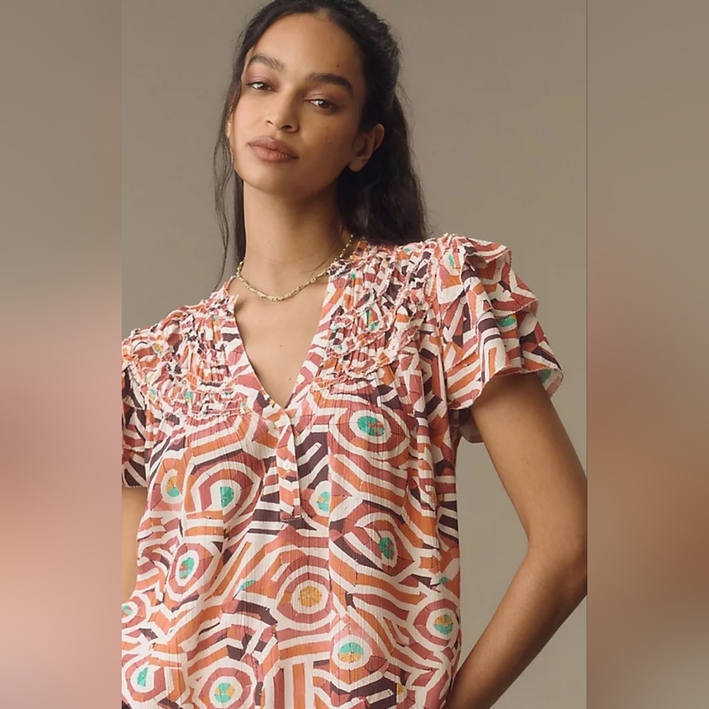 Maeve Short Sleeve Ruffle Yoke Blouse Orange Motif Women's Xs Top